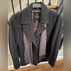 London Fog Men's Black, wool Trench Coat with Heather scarf.